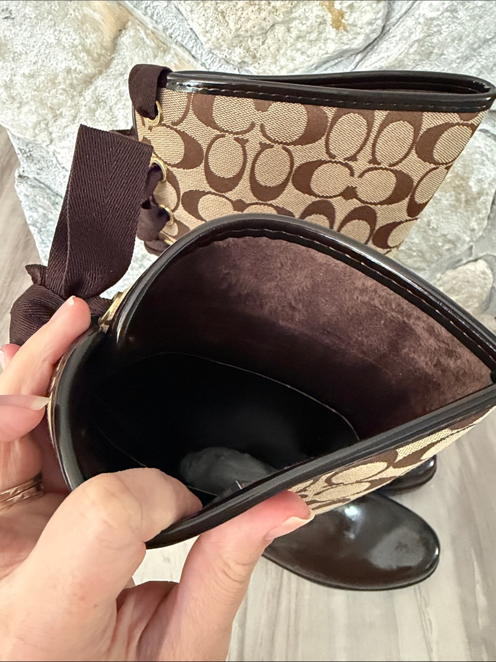 Coach Tristee Brown & Khaki Rainboot Signature Print Canvas-Shiny Rubber Size 10 - Picture 8 of 14